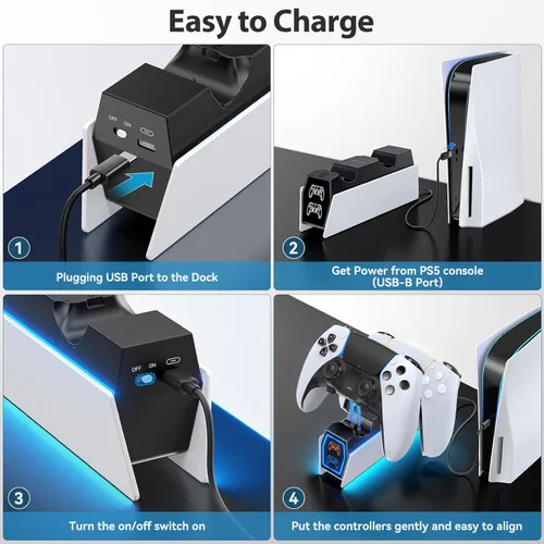 Vista 7 de Estación de carga para controlador PS 5 compatible con PlayStation 5 Dual Controller, 9 iluminaciones, estación de carga de accesorios PS 5, soporte