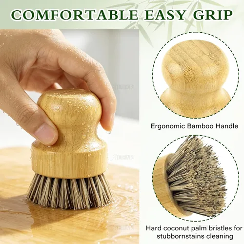 Vista 3 de AUEAR, Cepillo de bambú natural para fregar platos, cepillos de limpieza para ollas, cerdas de coco para sartenes de hierro fundido