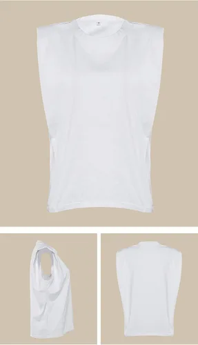 Vista 5 de Meladyan Camiseta sin mangas de algodón sólido con hombros acolchados para mujer, cuello redondo, holgada, sin mangas