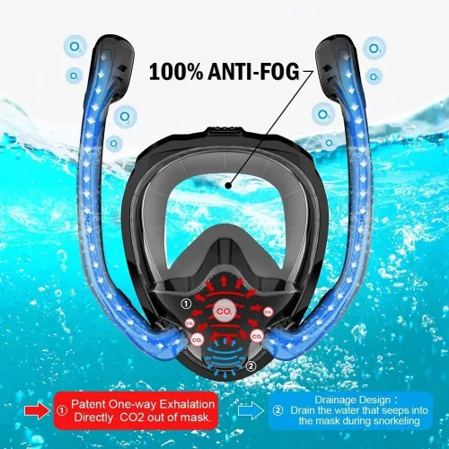 Vista 5 de Máscara de esnórquel, máscara de buceo de cara completa, separación de respiración de doble tubo, antiniebla antifugas, ultra gran angular de 180