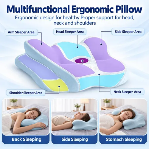 Vista 6 de Almohada cervical para el cuello – Almohadas de espuma viscoelástica para aliviar el dolor y dormir con funda de almohada refrescante, almohada Azul