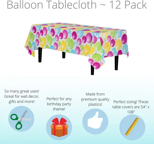 Vista 2 de Exquisite Paquete de 12 manteles de plástico con globos impresos, mantel de plástico desechable para fiesta de cumpleaños, 12