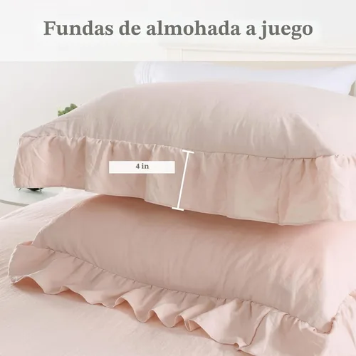 Vista 3 de Juego de funda de edredón rosa con volantes, tamaño Queen, 3 piezas, de microfibra lavada suave, estilo vintage, estilo francés, para cama Queen