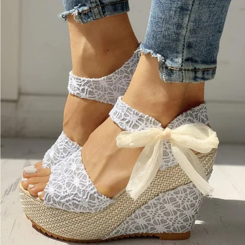 Vista 2 de HOSTINGG Sandalias de cuña para mujer, alpargatas de cuña para mujer, sandalias de plataforma con cordones y puntera abierta