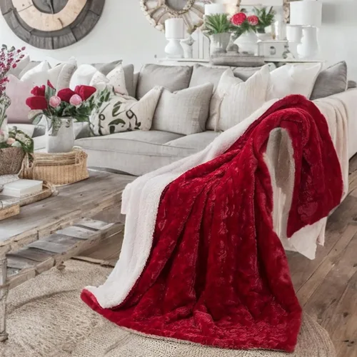Vista 18 de DaDa Bedding Manta de Tiro Romántica de Piel Sintética Roja para San Valentín - Corazones Encantadores Mullidos Felpa Sherpa en el Reverso con Forro
