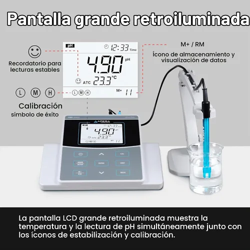 Vista 4 de Apera Instruments Kit de medidor de pH de sobremesa de laboratorio AI521 PH800, precisión de pH 0.01, gestión de datos GLP (salida USB), conector BNC