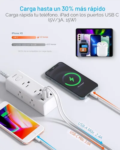 Vista 4 de One Beat Cable de extensión corto de 1 pie, regleta de alimentación de enchufe plano, protector de sobretensiones – 6 salidas amplias con 4 puertos