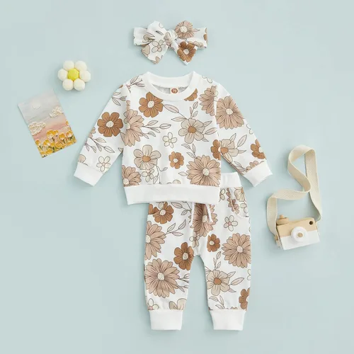 Vista 2 de AEEMCEM Conjunto de sudadera de manga larga con diseño floral de calabaza y diadema para bebé niña