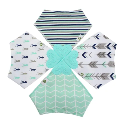 Vista 2 de Pickle & Olive Baberos de dentición bandana para bebé con mordedor de silicona adjunto, juego de 4 - ciervo azul
