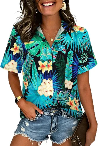 Vista 15 de LILYCHIC Camisas hawaianas de verano con botones de coco para mujer, camisas suaves con botones de manga corta A-hoja floral negra