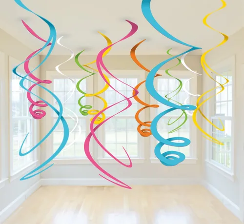 Vista 5 de Decoraciones de remolinos para fiestas, decoración de remolinos colgantes en el techo de papel de aluminio negro y dorado, decoraciones de remolinos