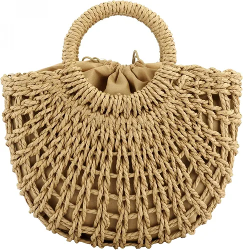 Vista 2 de Bolso de mano de paja tejida con asa superior de verano estilo retro de ratán con correa de hombro extraíble