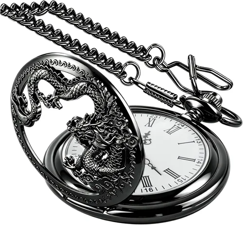 Vista 9 de Dragon Quartz Pocket Watches for Men Roman Numerals Pocket Watch with Chain Cus-CF18-plata