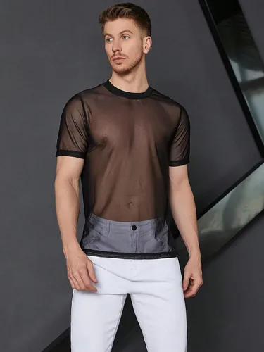 Vista 4 de WDIRARA Camiseta de malla de manga corta con cuello redondo y estampado floral para hombre