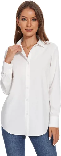Vista 3 de YAMANMAN Camisas de vestir con botones para mujer, blusas de manga larga con cuello sin arrugas, blusas de trabajo sólidas Blanco