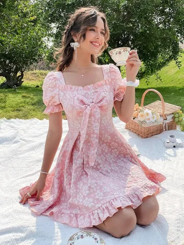 Vista 6 de Vestido hinchado rosa dulce para mujer, estampado floral, lazo frontal, vestido de hadas jacquard