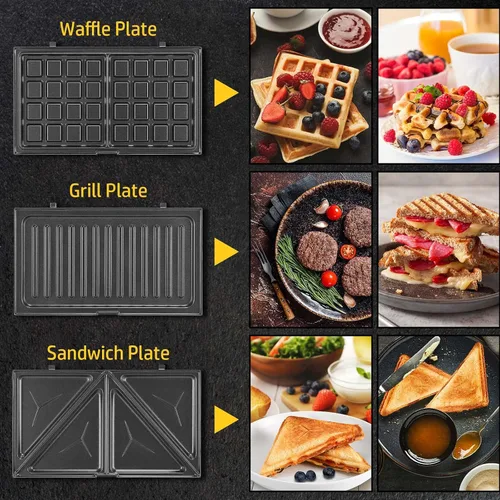 Vista 3 de OSTBA Máquina de gofres 3 en 1 con platos extraíbles, sandwichera