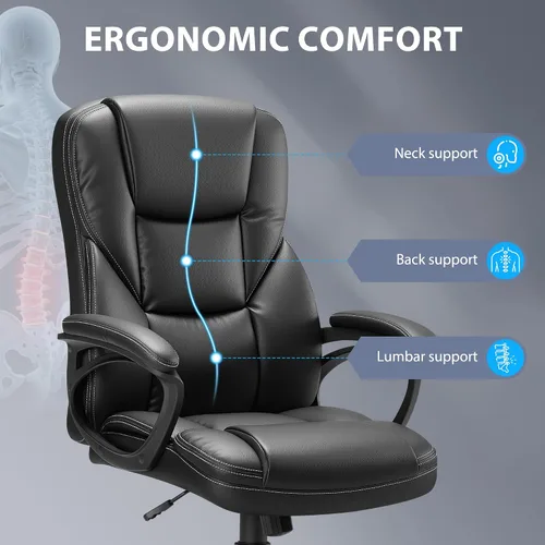 Vista 4 de Shahoo Silla de oficina ergonómica ajustable ejecutiva con reposabrazos abatibles, silla giratoria de piel sintética para computadora en casa Negro