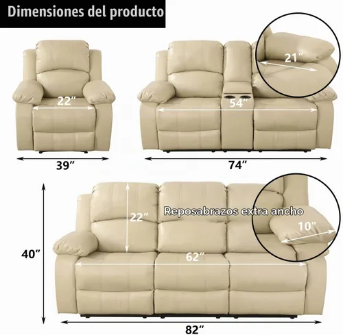 Vista 2 de Sofá reclinable manual de cuero para muebles de sala de estar, sofá reclinable de 78 pulgadas con mesa abatible, portavasos y sofá de cuero
