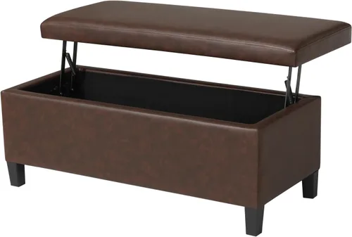 Vista 9 de Adeco Otomana de almacenamiento, banco tapizado rectangular de piel sintética con patas de madera, reposapiés, mesa de café para sala de estar Negro
