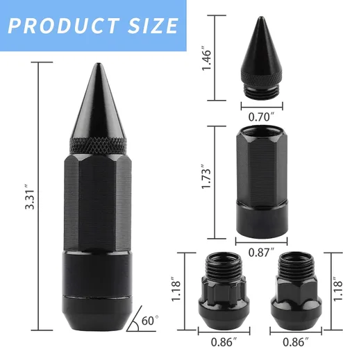 Vista 2 de 20 Piezas Picos Antirrobo Extendidos Sintonizador Rueda/Llantas Tuerca de Orejeta M12X1.5+Llave (Negro)