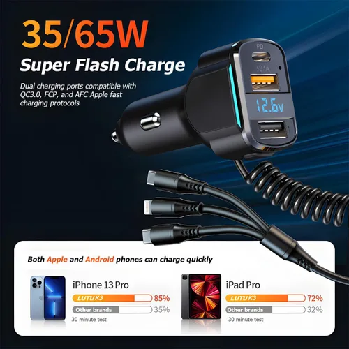 Vista 4 de Cargador de coche USB C, cargador de coche rápido de 3 puertos PD3.0 y QC3.0 con pantalla digital LED, adaptador de carga rápida para encendedor