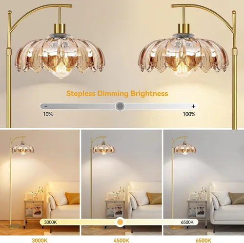 Vista 2 de AHDWDW Lámpara de pie de arco dorada para sala de estar con control remoto, lámparas de pie modernas regulables con pantalla de vidrio ámbar