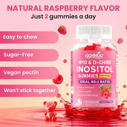 Vista 5 de Paquete de 2 gomitas de mio-inositol y D-Chiro inositol para mujeres de 2000 mg + 50 mg de proporción ideal 40:1 con vitamina D3, glicinato