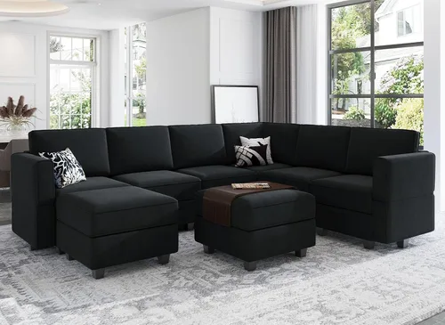 Vista 9 de Belffin Sofá modular en forma de U con tumbonas reversibles, de terciopelo, con asiento de almacenamiento, color negro