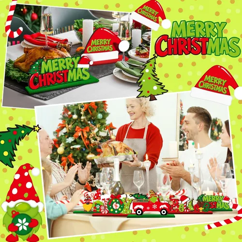 Vista 7 de Realspring 6 piezas de decoración de mesa de Navidad, centros de mesa de madera de Merry Christmas, decoración de mesa Joy Wood, gnomos de jengibre