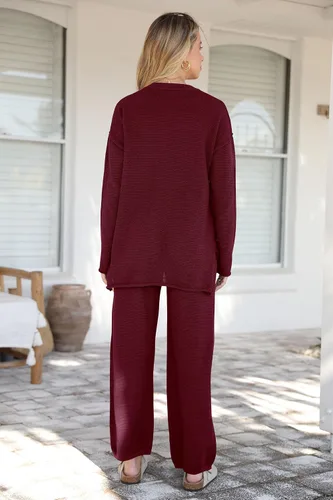 Vista 2 de PRETTYGARDEN Conjunto de 2 piezas de suéter de punto de otoño y pantalones de pierna ancha para mujer 2024