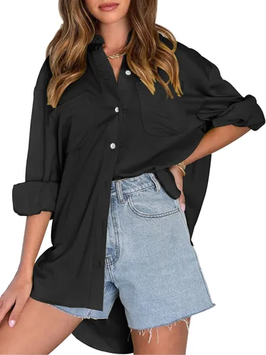 Vista 2 de Blusa de manga larga con botones para mujer, de gran tamaño, holgada, casual, elegante