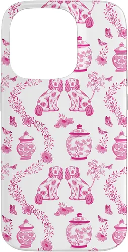 Vista 17 de Preppy - Carcasa para iPhone 16, diseño de perros y tarros de jengibre, color rosa y blanco