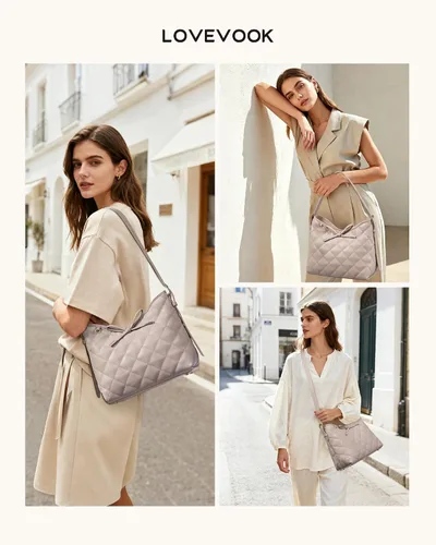 Vista 2 de LOVEVOOK - Carteras para mujer, bolsos de mano de cuero suave estilo hobo, bolso bandolera acolchado, bolso de diseñador tipo bucket