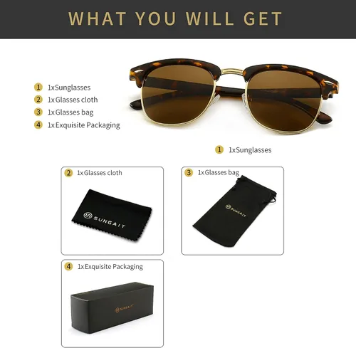 Vista 6 de SUNGAIT Gafas de sol retro clásicas de medio marco con lente polarizada