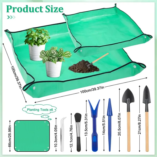 Vista 3 de Tapete de trasplante de plantas para jardín, 2 piezas, impermeable, plegable, para interiores, portátil, cuadrada, bandeja para macetas con 6 piezas