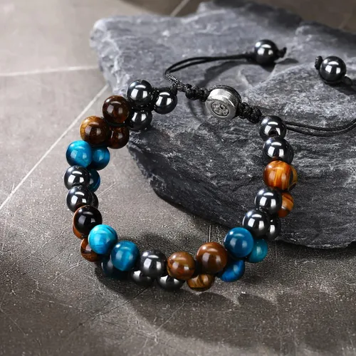 Vista 4 de 2 pulseras de cuentas de roca de lava, pulsera de triple protección, pulsera de hematita, obsidiana negra, ojo de tigre, pulsera de cuentas