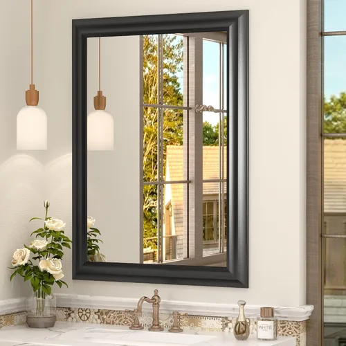 Vista 134 de Paquete de 2 espejos de baño con marco de metal negro de 22 x 30 pulgadas, espejo rectangular redondeado negro mate, antioxidante, se cuelga