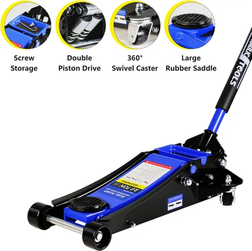 Vista 4 de PULLAFUN Gato de piso de perfil bajo de 3 toneladas, capacidad de 6600 libras con pistón doble, bomba de elevación rápida de acero estable