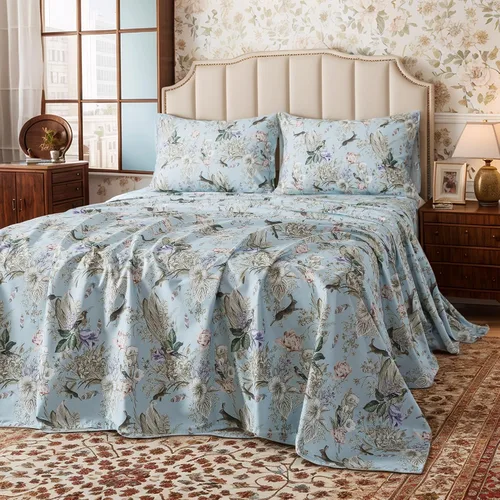Vista 36 de FADFAY Juego de sábanas tamaño King, sábanas de algodón percal rosa floral con bolsillo profundo, ropa de cama vintage lujosa azul con estampado
