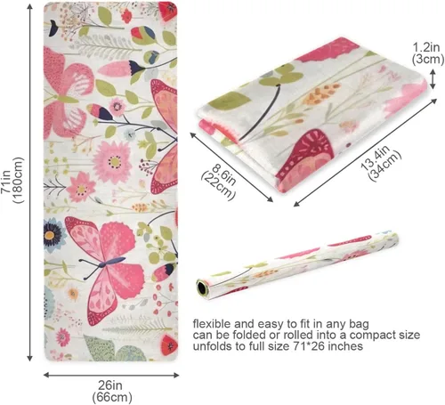 Vista 5 de Tapete de yoga con mariposas rosas para mujeres y hombres, 71 x 26 pulgadas, plegable, antideslizante, para pilates, aeróbicos, ejercicios de suelo