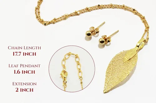 Vista 42 de Joyas de hoja de oro rosa y plata para mujer. Pendientes de hoja natural y collares circulares colgantes. Elegantes conjuntos de joyas colgantes.