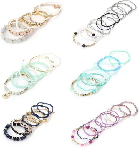 Vista 2 de LOYALLOOK Juego de 6 pulseras de cuentas apilables bohemias para mujer pulseras elásticas estilo bohemio elásticas de varias capas