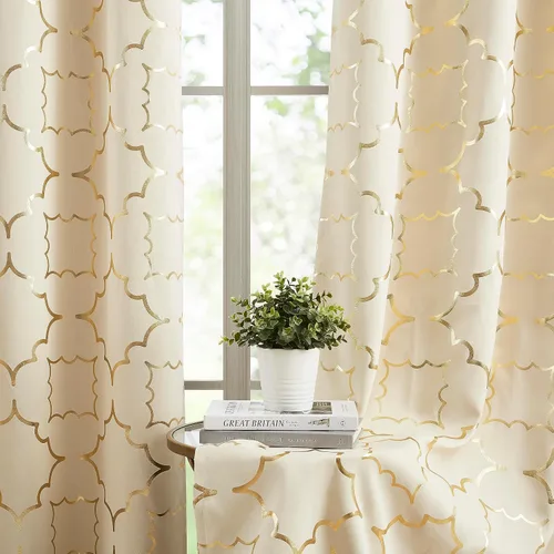 Vista 3 de Purainbow Cortinas opacas beige para dormitorio, sala de estar con paneles de impresión de lámina dorada, oscurecimiento de la habitación