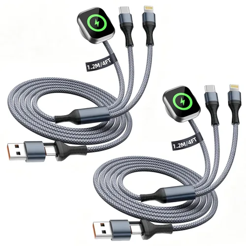 Vista 12 de Travel Essentials - Cable de carga múltiple 4 en 1 para cargador de reloj de iPhone, USB A a doble tipo C/IP/iWatch, cargadores de viaje