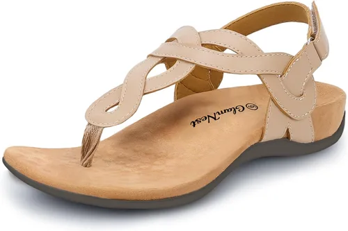 Vista 7 de Sandalias ortopédicas para caminar cómodas con soporte de arco para mujer, correa ortopédica en T, sandalias planas de verano para mujer
