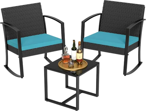 Vista 11 de Homall - Juego de muebles de patio de 3 piezas de resina para uso en exteriores - Juego de bistró con sillas de columpio acolchadas y mesa para Negro