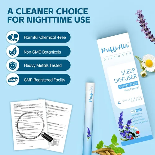 Vista 8 de Pluma de ansiedad herbal, difusor de melatonina con lavanda, manzanilla y ashwagandha para apoyo al sueño y alivio del estrés, 600 usos