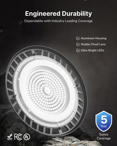 Vista 4 de Sunco - Paquete de 10 luces LED UFO de alta bahía, 150 W, 19500 lúmenes, 5000 K, luces comerciales ultra brillantes para almacén, fábrica, taller