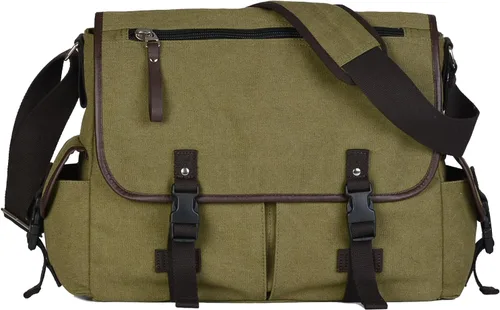 Vista 11 de Bolsa de mensajero vintage de lona para laptop de 15.6 pulgadas para hombres y mujeres, bolsa de hombro para computadora universitaria, maletines